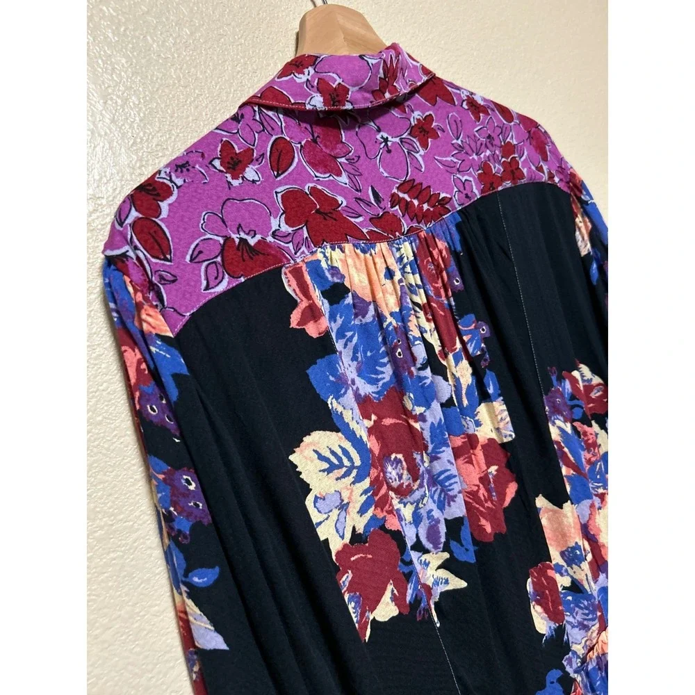 Free People Size XS Shirt Dress Oversized Floral Button Tunic Black‎ Purple Boho